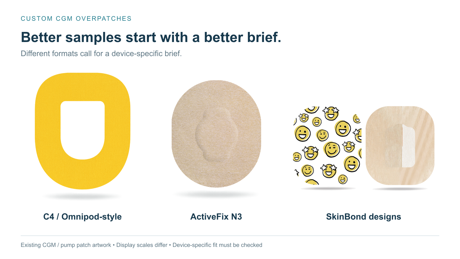LINKFAR NaturHold C4, ActiveFix N3 and SkinBond patch artworks showing different shapes and centre designs