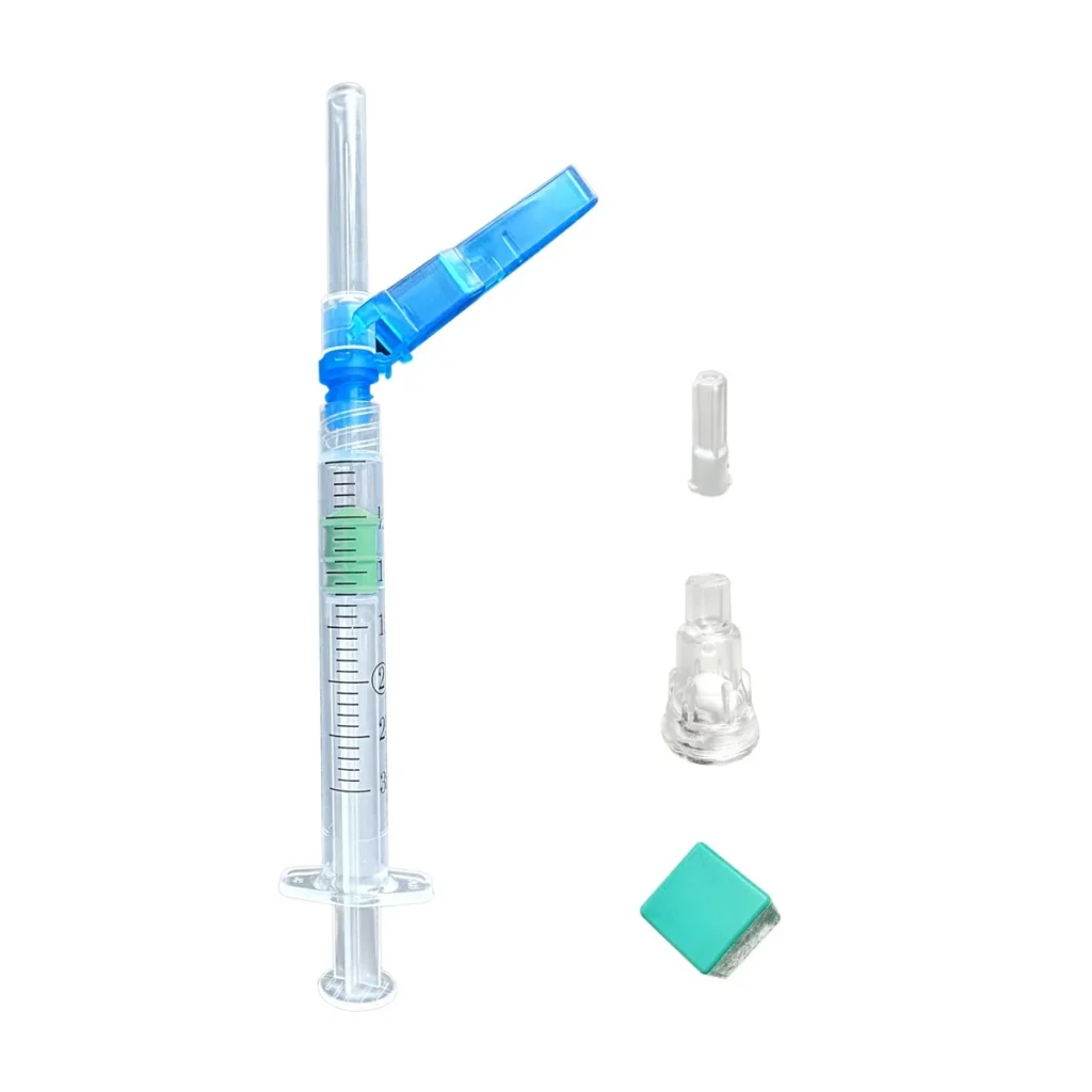 Linkfar safety arterial blood gas syringe with hinged needle-protection sheath, green rubber stopper, waste-blood collection bottle and cap
