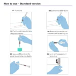 How to use the standard arterial blood gas syringe in six steps: puncture, collect blood, needle into green rubber, needle off and sealing cap on, waste blood into the bottle, analyser