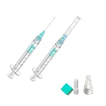 Linkfar arterial blood gas syringe, standard version, shown with exposed needle and with needle cap, plus green rubber needle block, white sealing cap and waste-blood collection bottle