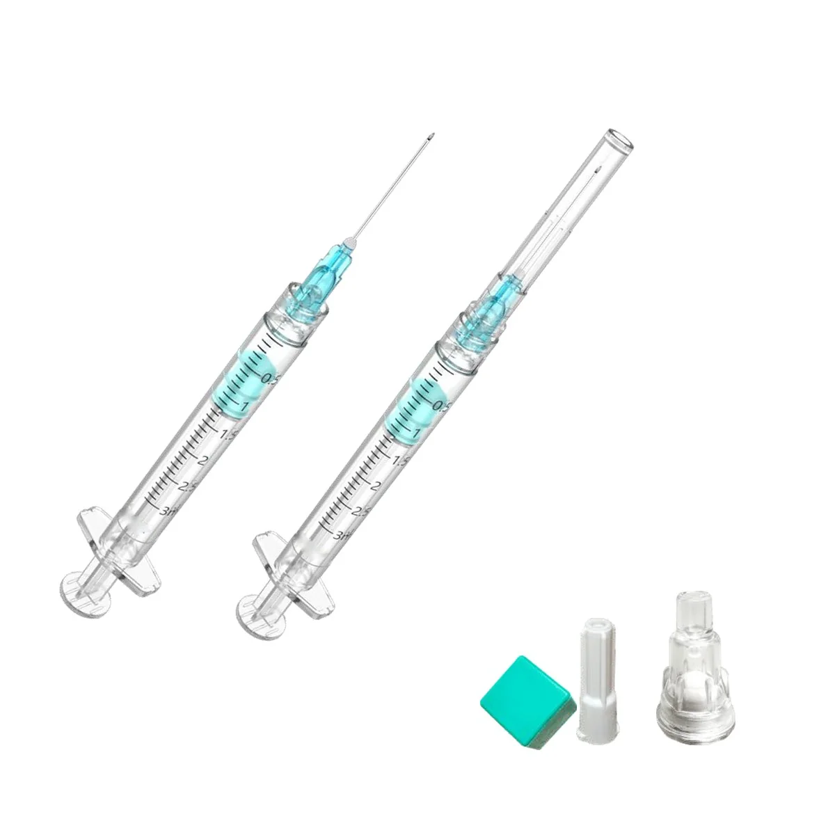 Linkfar arterial blood gas syringe, standard version, shown with exposed needle and with needle cap, plus green rubber needle block, white sealing cap and waste-blood collection bottle