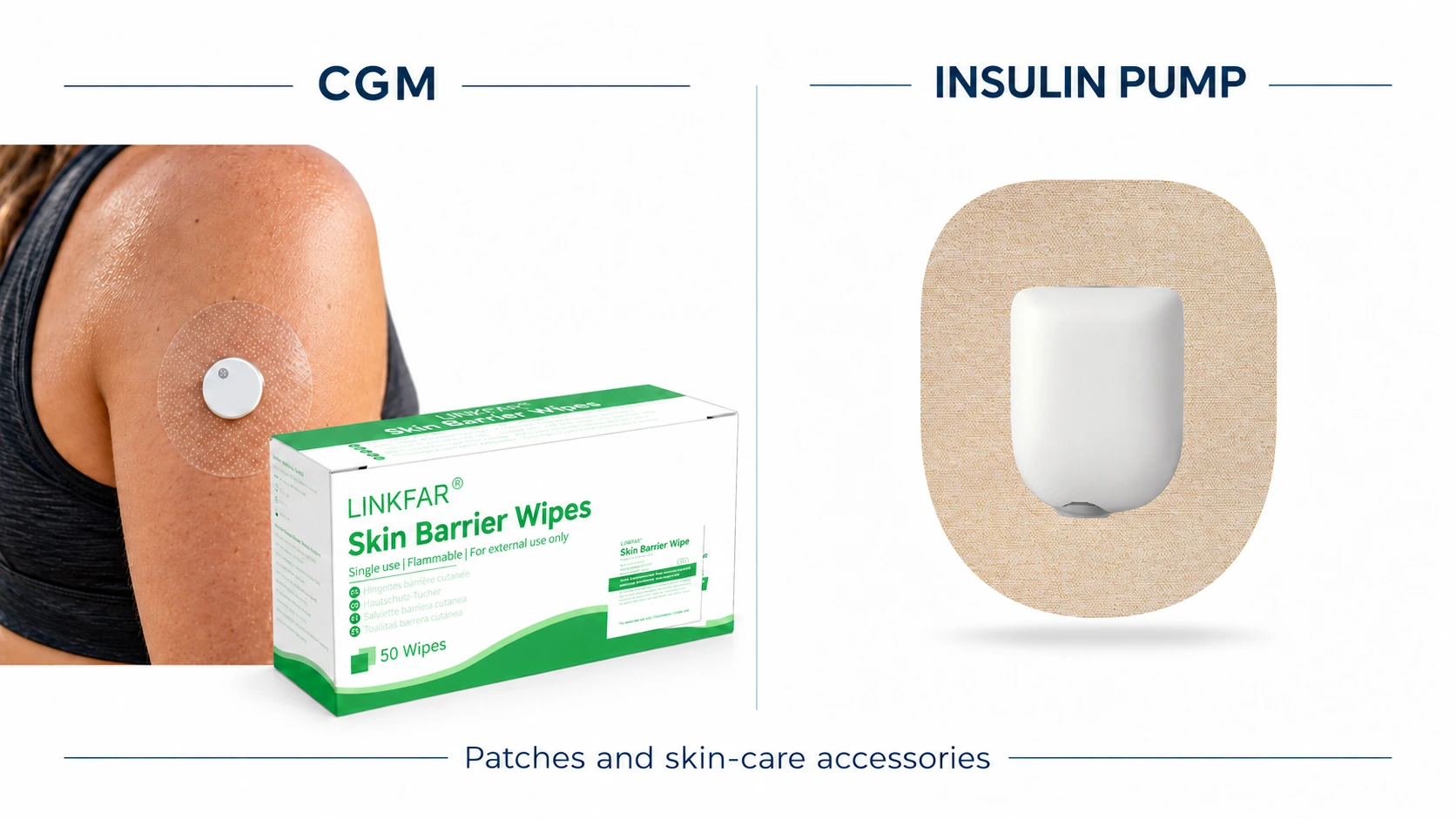 CGM and insulin pump accessories overview with transparent sensor overpatch, skin barrier wipes and an Omnipod-style pump overpatch