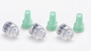 LINKFAR transparent insulin pen needle hubs with mint-green protective caps