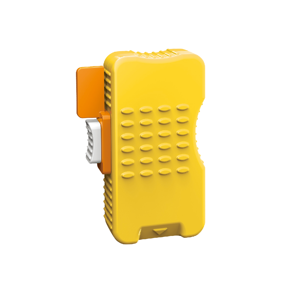 Detail van LINKFAR Heel Blade met gestructureerde behuizing, veiligheidslip, activeringsknop en positioneringspijl