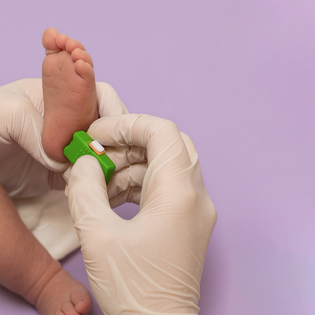 Bestaande LINKFAR afbeelding van professionele hantering van een Heel Blade naast de hiel van een baby