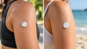 Illustrated LINKFAR P2 round and P3 oval transparent PU CGM overpatches with fine dots worn on the upper arm