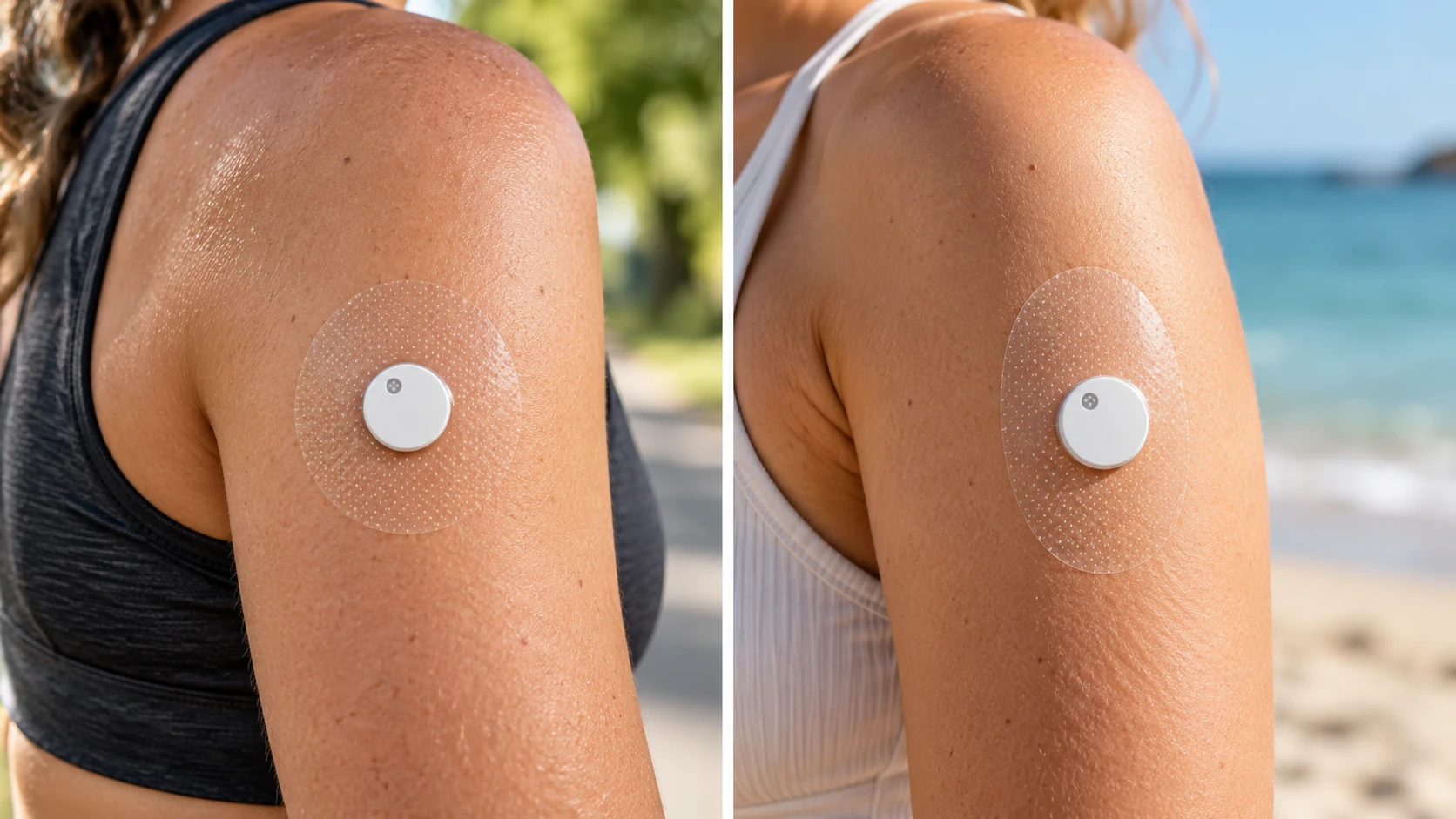 Illustrated LINKFAR P2 round and P3 oval transparent PU CGM overpatches with fine dots worn on the upper arm