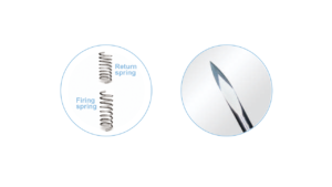 LINKFAR PA2 component illustration identifying the firing spring and return spring, beside a magnified needle tip