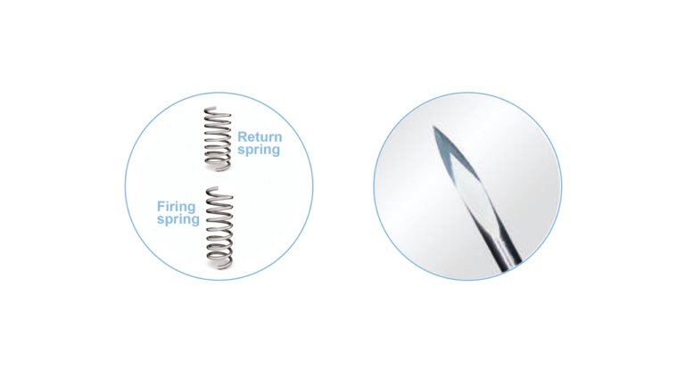 LINKFAR PA2 component illustration identifying the firing spring and return spring, beside a magnified needle tip