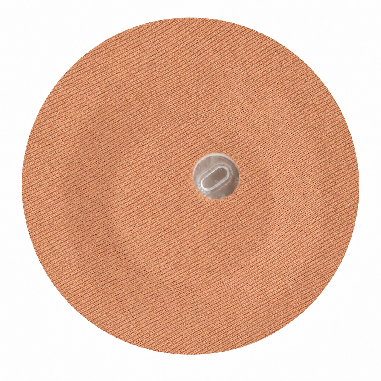 Ilustración asistida por IA de un parche CGM textil de color piel, en el estilo de los materiales LINKFAR, con abertura central pequeña