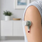 Concept illustration of LINKFAR upper-arm blood collection device with connected sample tube; final configuration may differ.